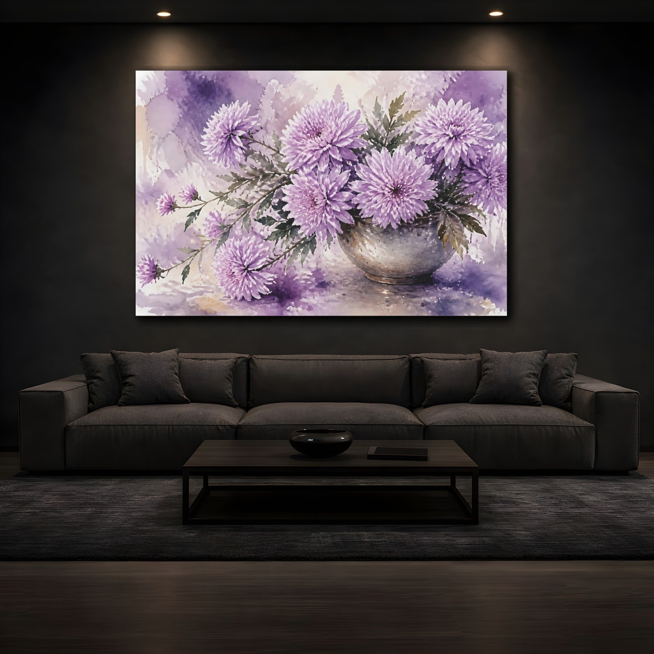 Mockup 3. Floral Chrysanthemum Flowers Purple Floral shown as stretched canvas wall art