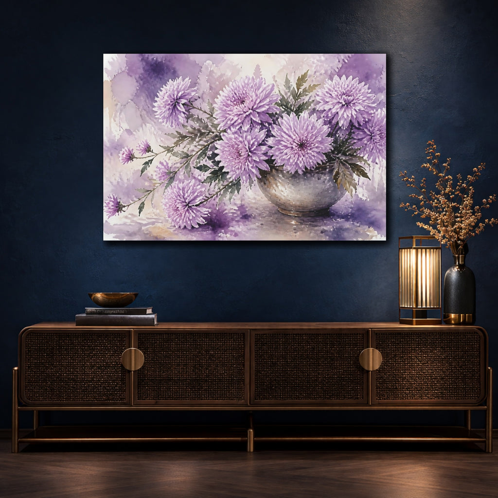 Mockup 4. Floral Chrysanthemum Flowers Purple Floral shown as stretched canvas wall art