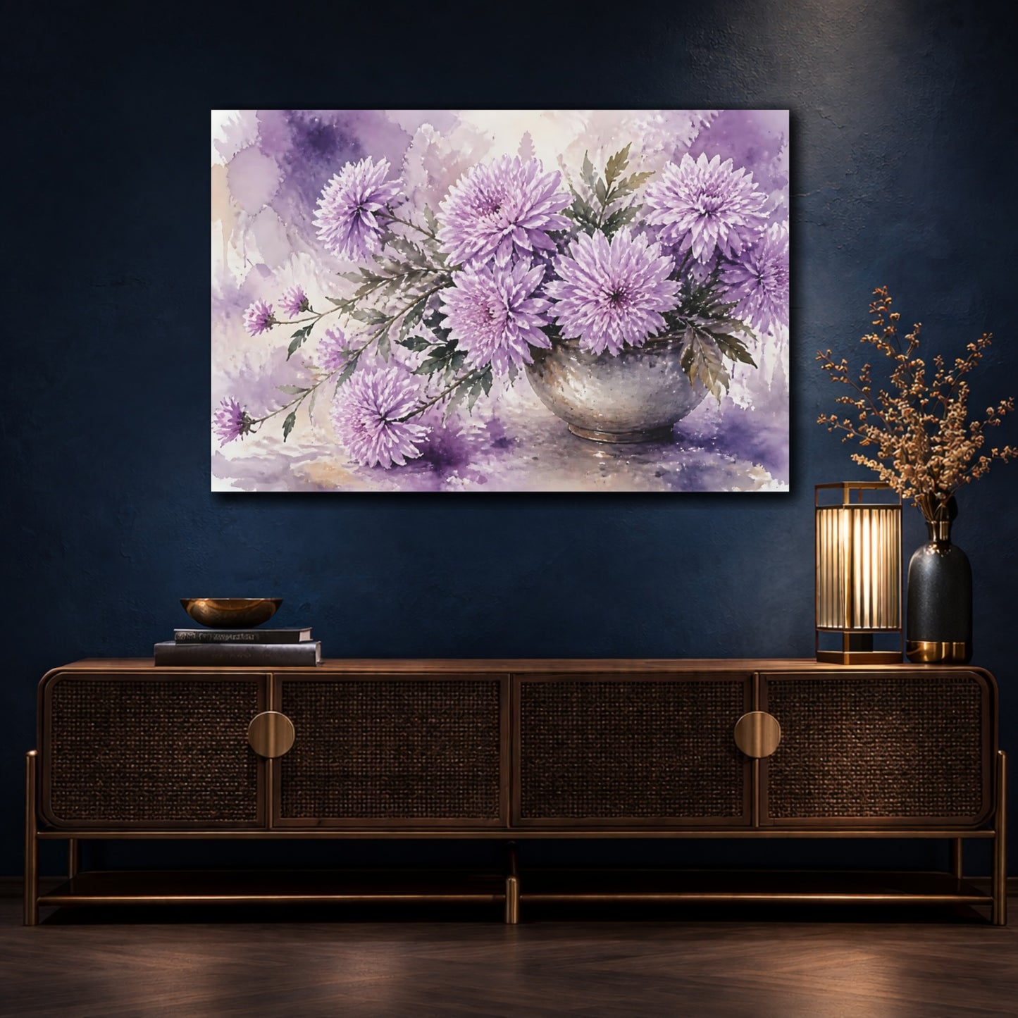 Mockup 4. Floral Chrysanthemum Flowers Purple Floral shown as stretched canvas wall art