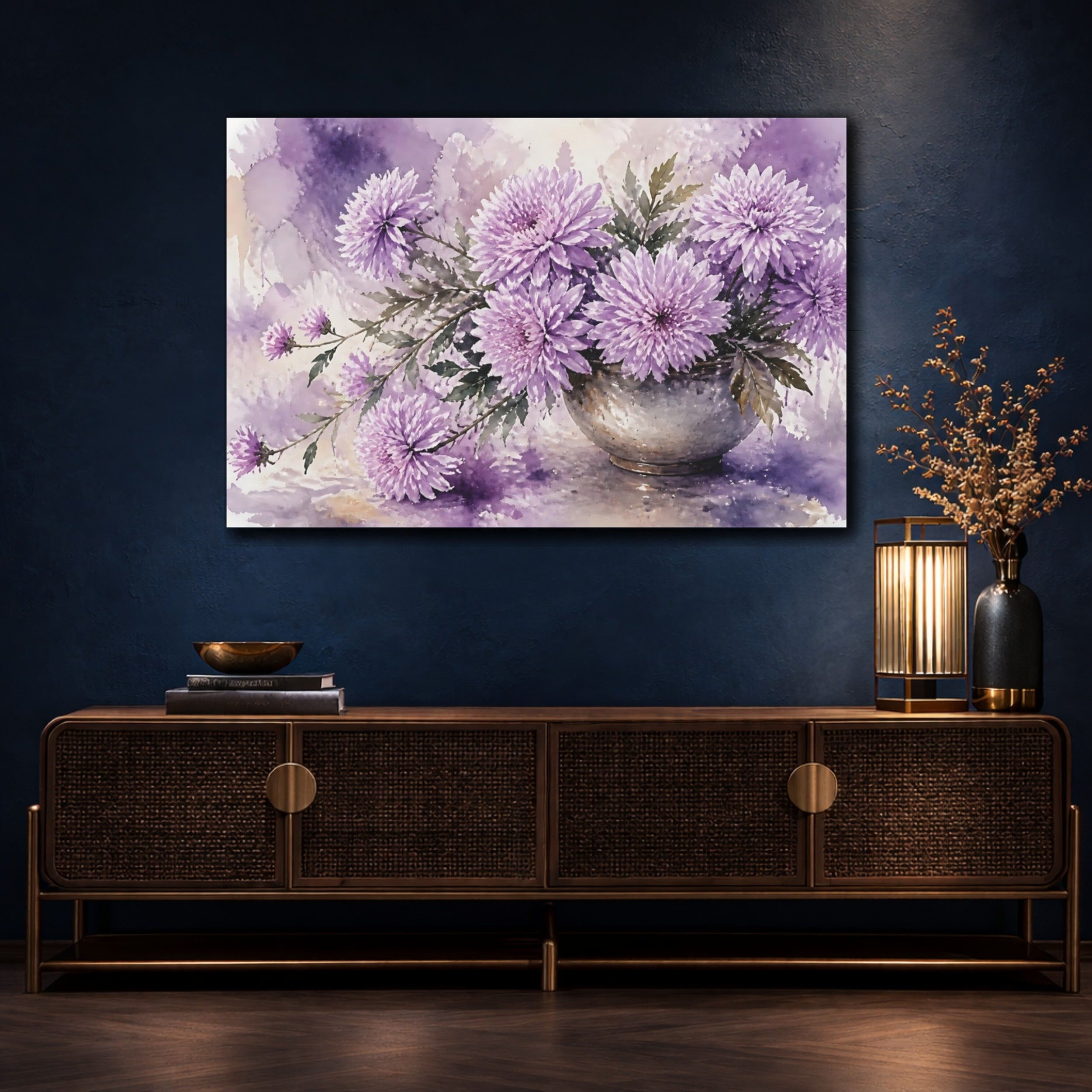 Mockup 4. Floral Chrysanthemum Flowers Purple Floral shown as stretched canvas wall art