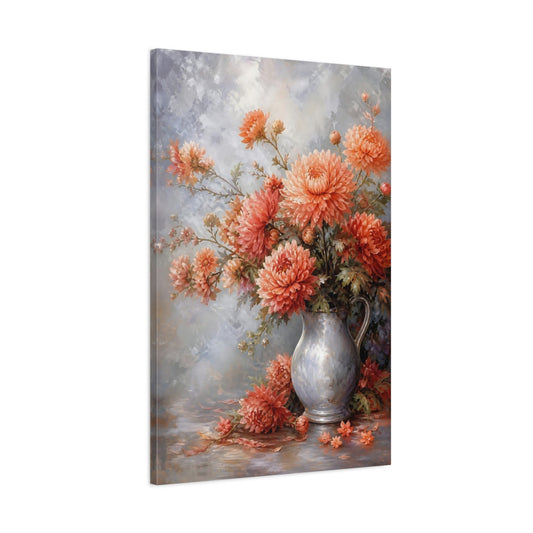 Main Mockup. Floral Chrysanthemums Coral And Blue shown as stretched canvas wall art
