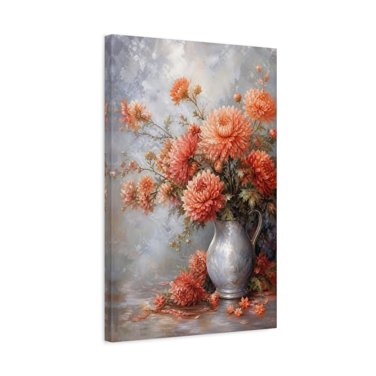 Side Mockup 3. Floral Chrysanthemums Coral And Blue shown as stretched canvas wall art