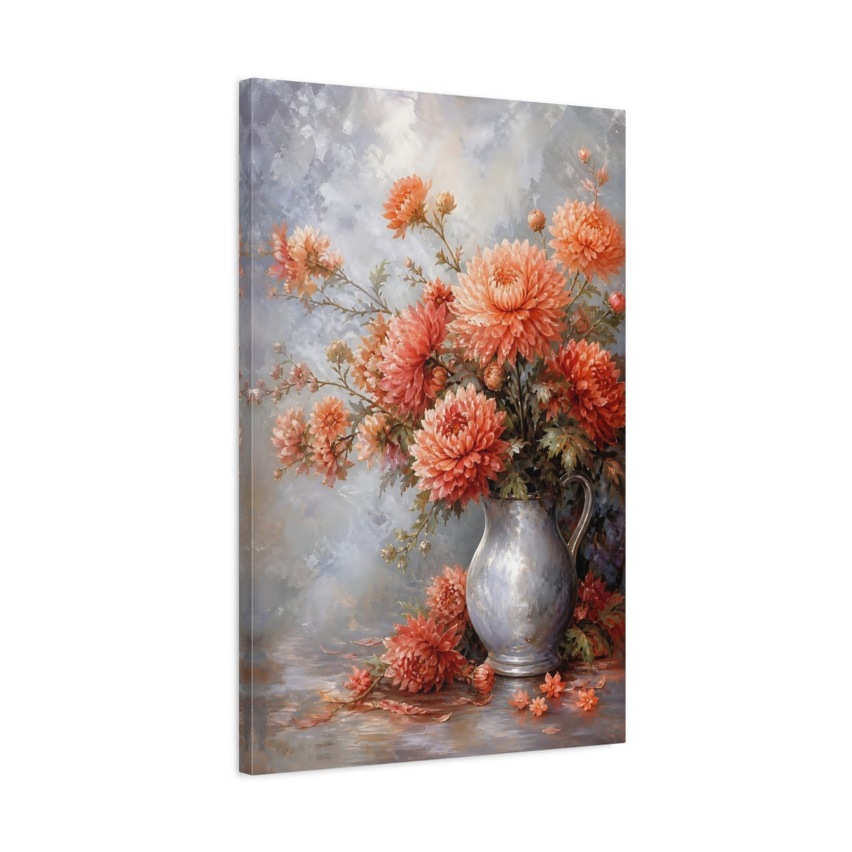 Side Mockup 2. Floral Chrysanthemums Coral And Blue shown as stretched canvas wall art