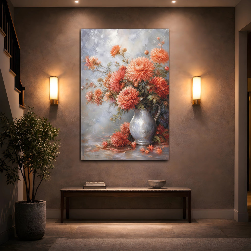 Mockup 2. Floral Chrysanthemums Coral And Blue shown as stretched canvas wall art