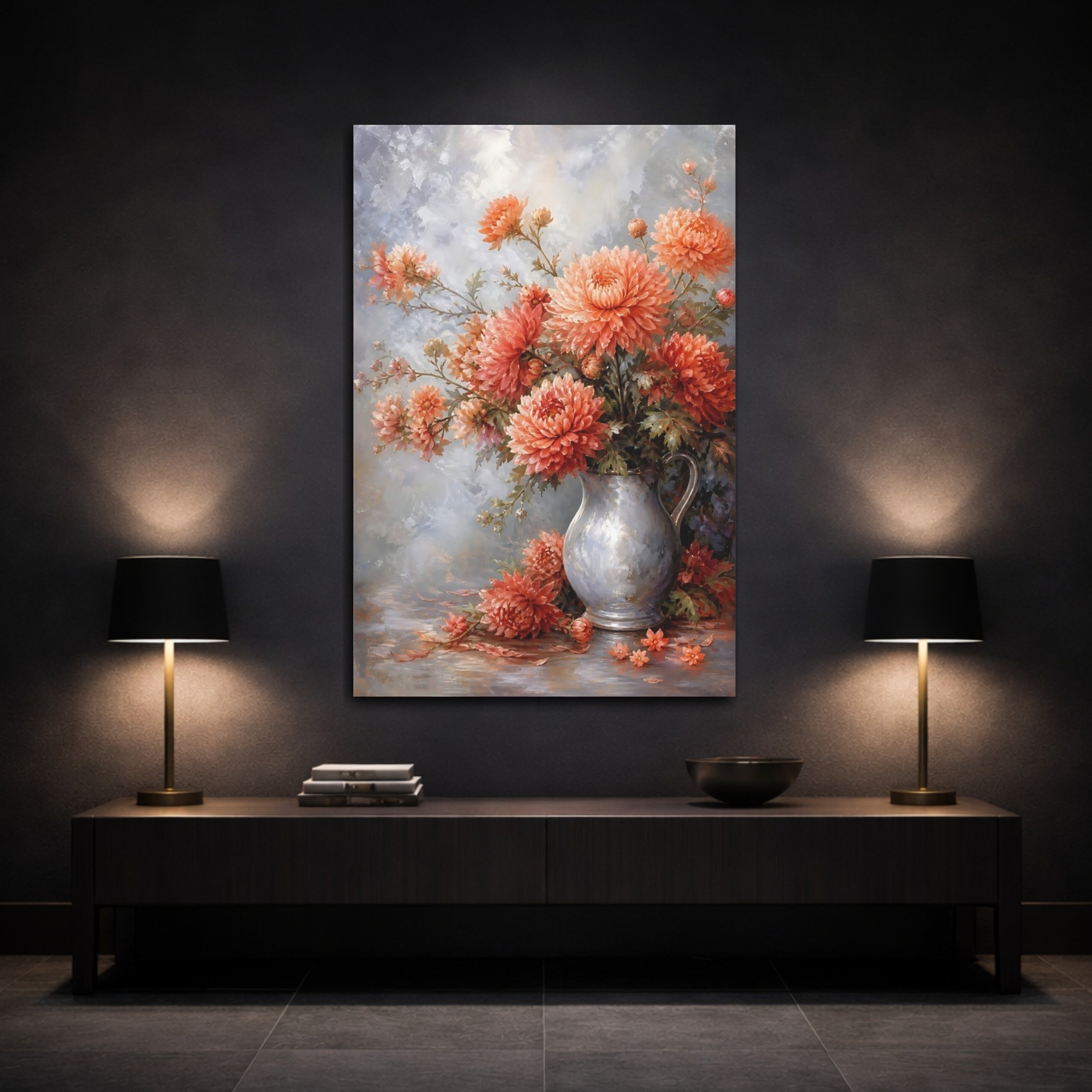 Mockup 3. Floral Chrysanthemums Coral And Blue shown as stretched canvas wall art