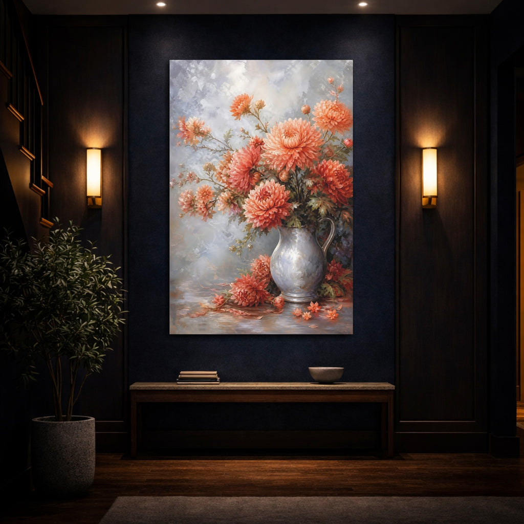 Mockup 4. Floral Chrysanthemums Coral And Blue shown as stretched canvas wall art