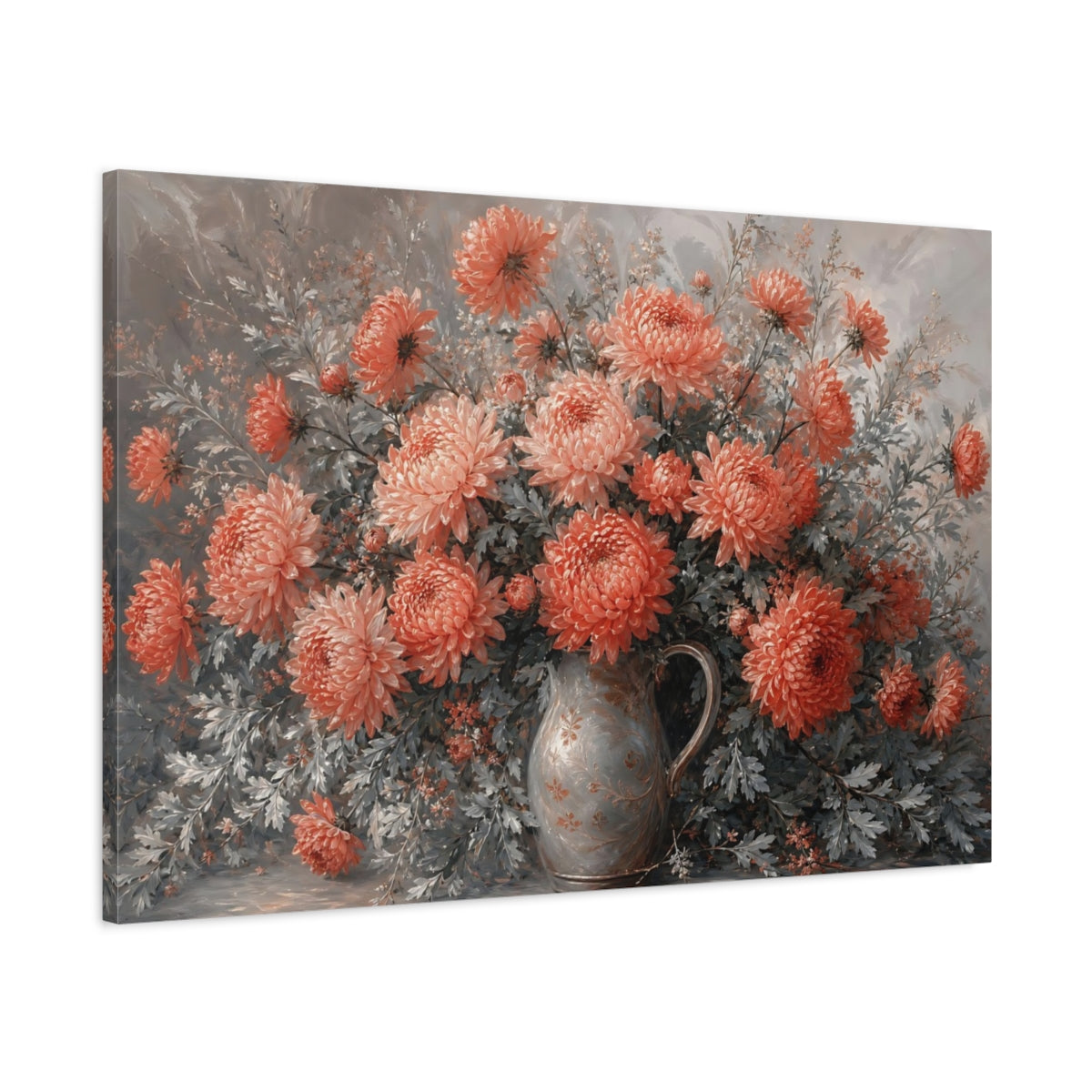 Main Mockup. Floral Chrysanthemums Coral And Grey shown as stretched canvas wall art