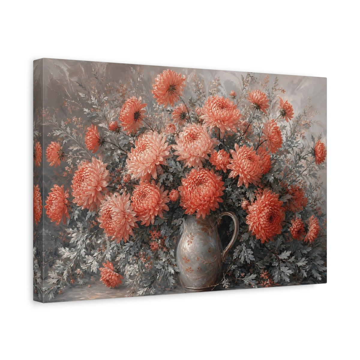Side Mockup 4. Floral Chrysanthemums Coral And Grey shown as stretched canvas wall art