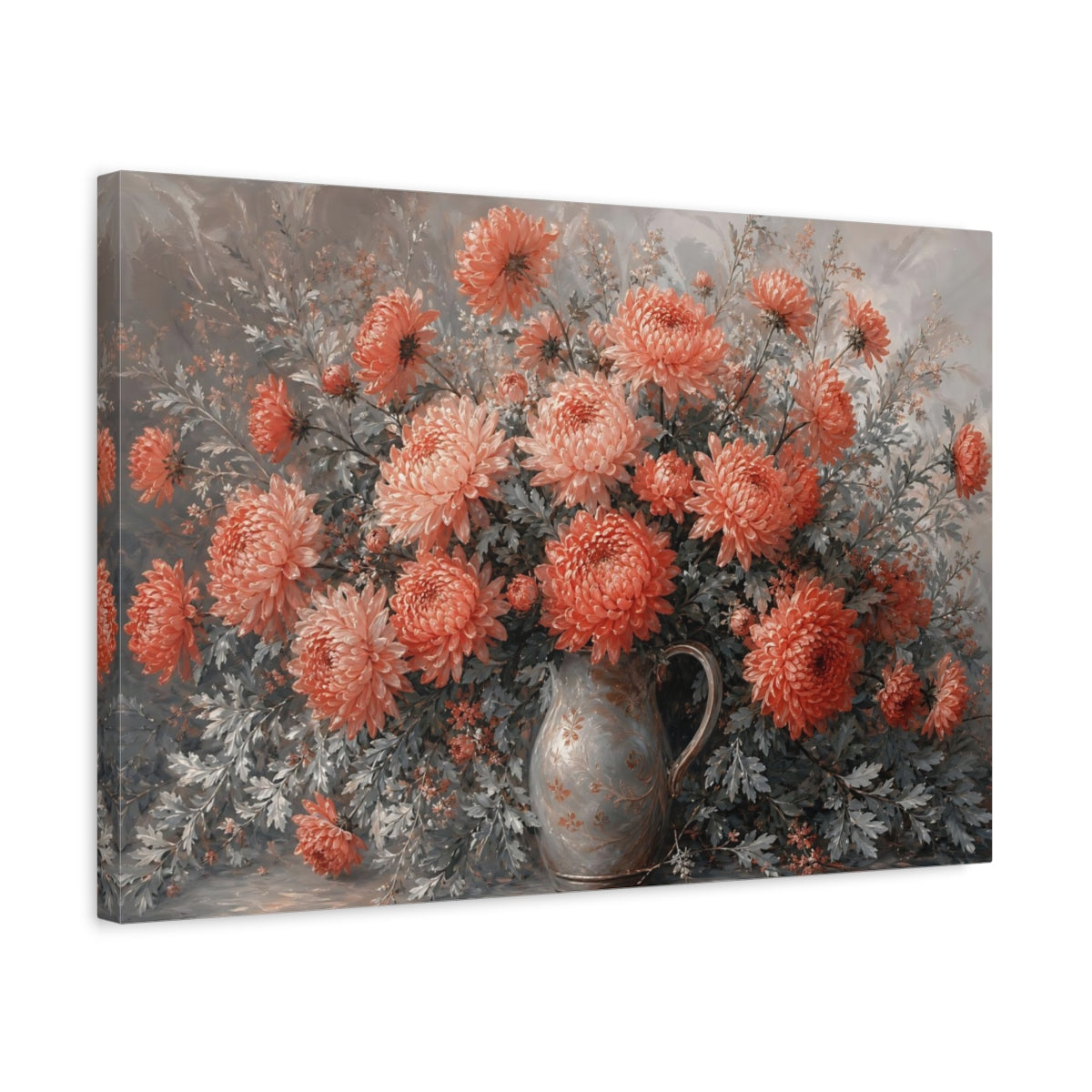 Side Mockup 3. Floral Chrysanthemums Coral And Grey shown as stretched canvas wall art