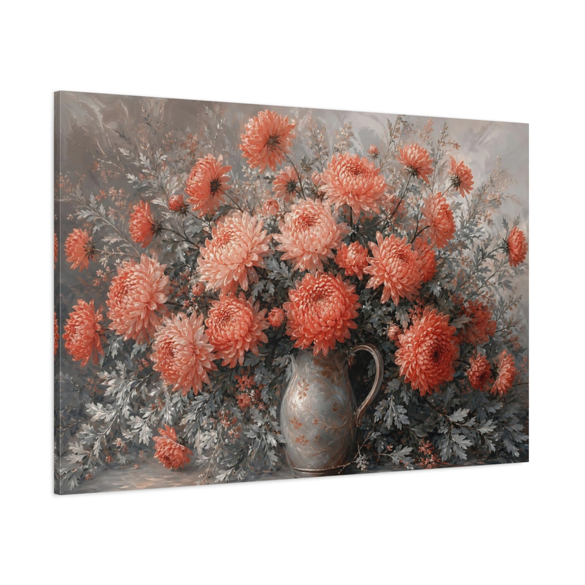 Side Mockup 1. Floral Chrysanthemums Coral And Grey shown as stretched canvas wall art