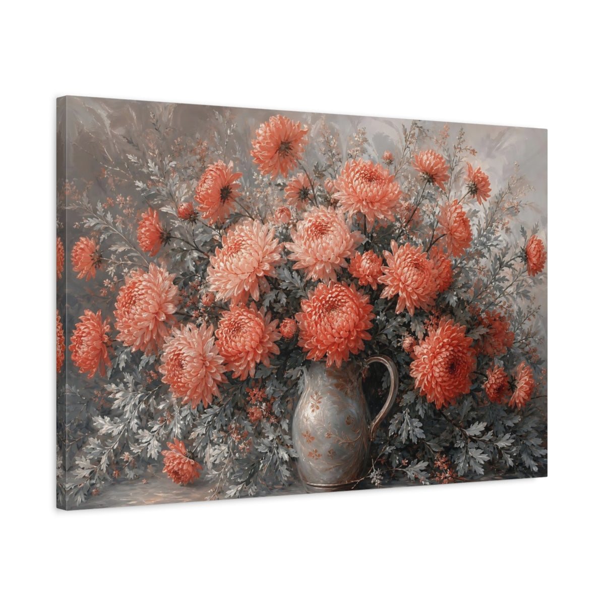 Side Mockup 2. Floral Chrysanthemums Coral And Grey shown as stretched canvas wall art