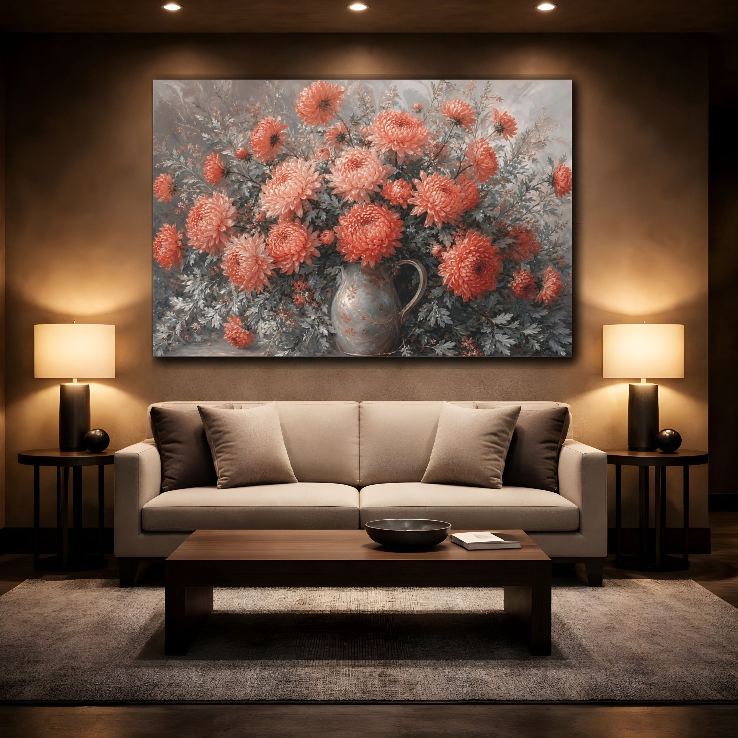 Mockup 2. Floral Chrysanthemums Coral And Grey shown as stretched canvas wall art