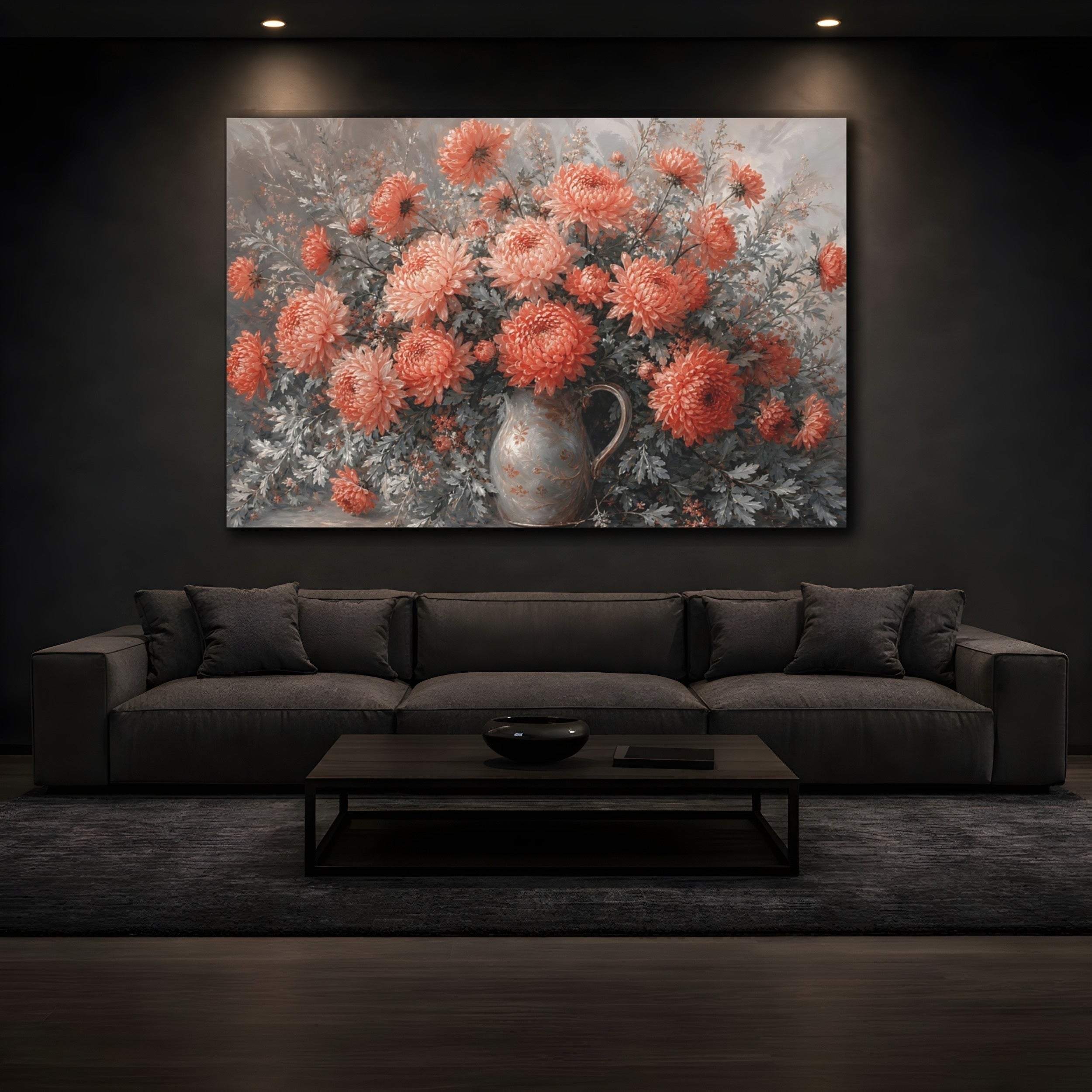 Mockup 3. Floral Chrysanthemums Coral And Grey shown as stretched canvas wall art