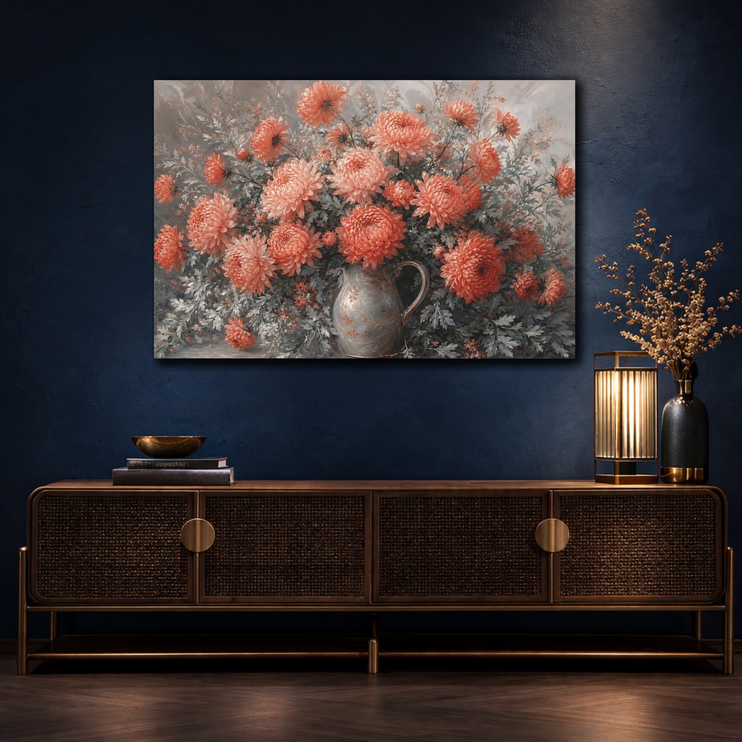Mockup 4. Floral Chrysanthemums Coral And Grey shown as stretched canvas wall art