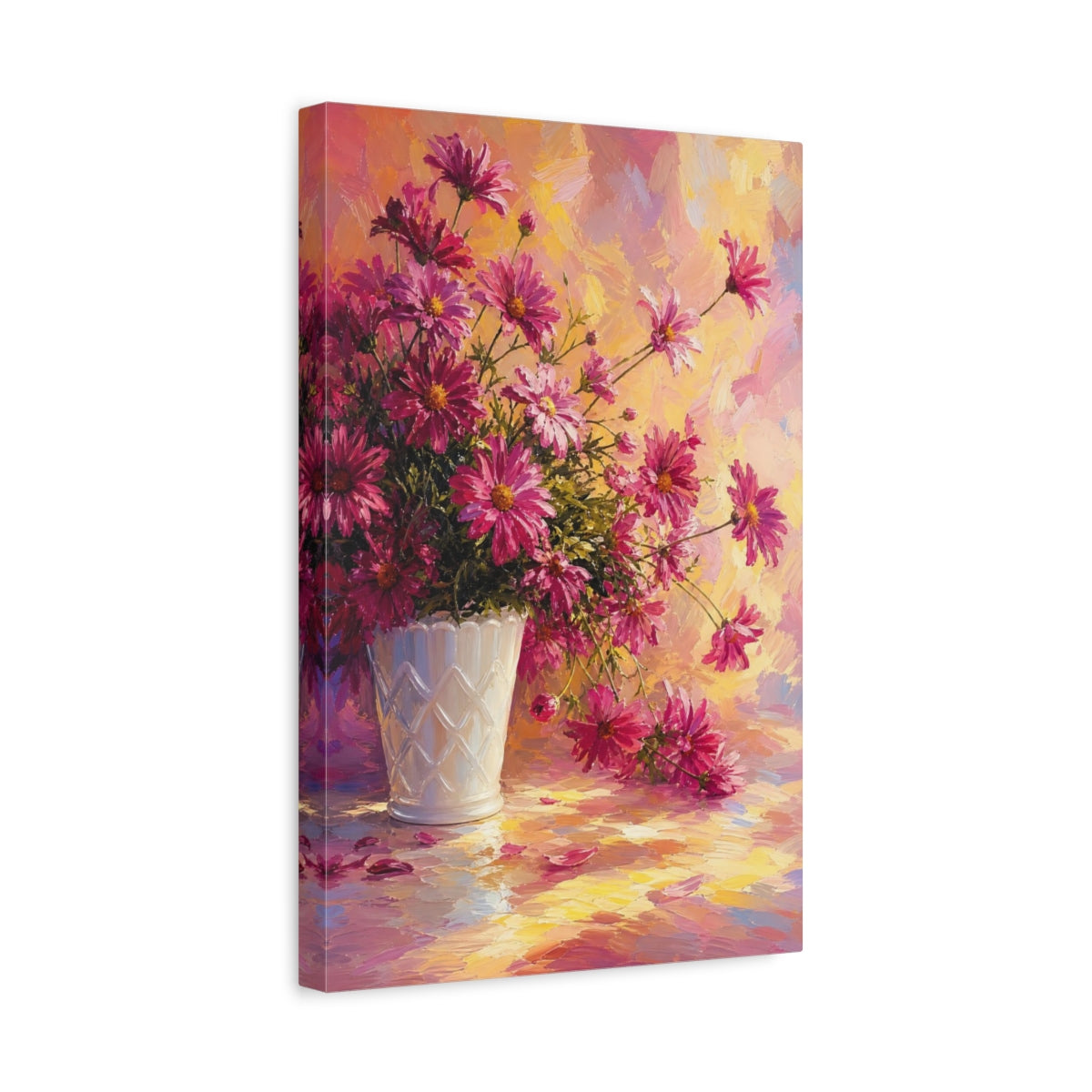 Side Mockup 4. Floral Chrysanthemums Pink And Yellow Floral shown as stretched canvas wall art