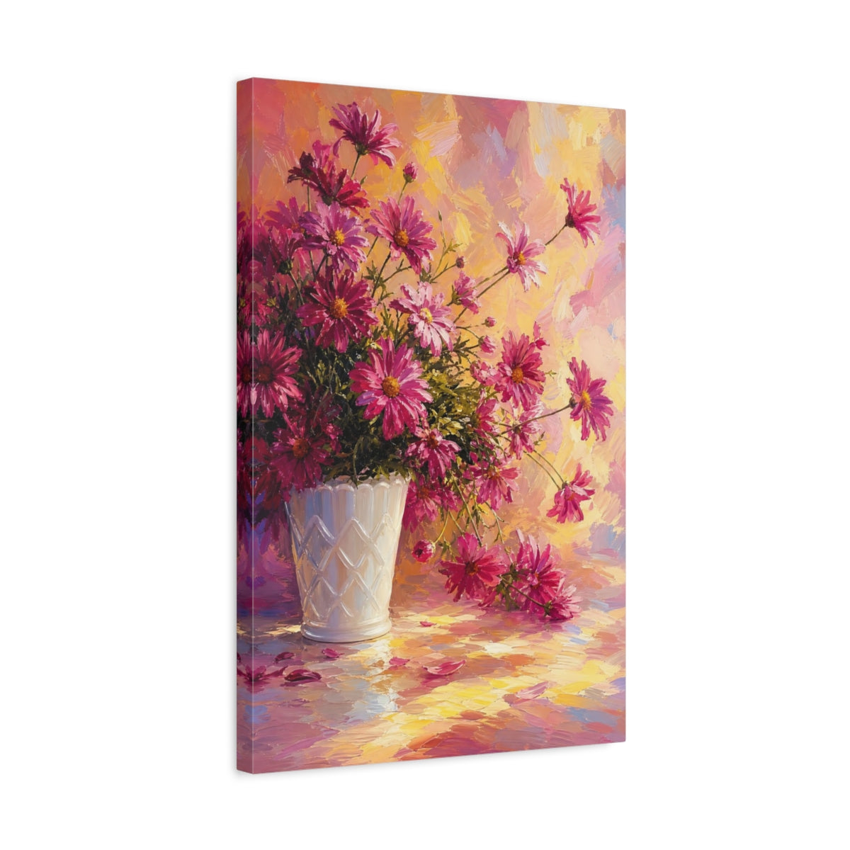 Side Mockup 3. Floral Chrysanthemums Pink And Yellow Floral shown as stretched canvas wall art