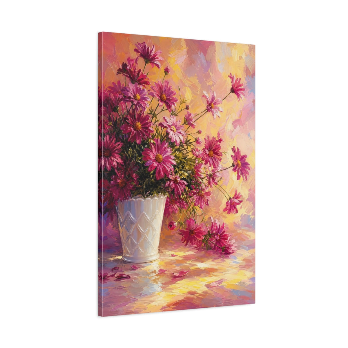 Main Mockup. Floral Chrysanthemums Pink And Yellow Floral shown as stretched canvas wall art