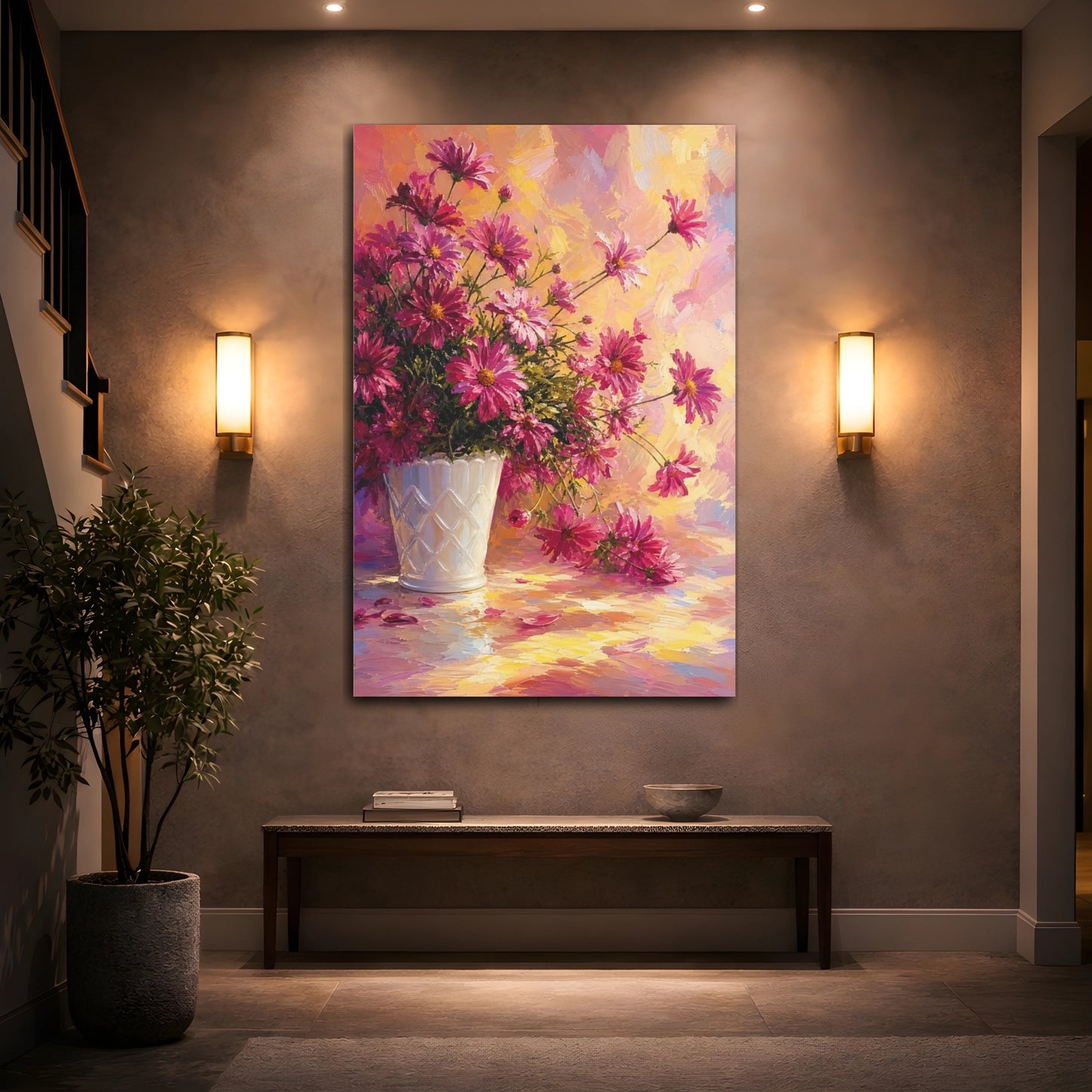 Mockup 2. Floral Chrysanthemums Pink And Yellow Floral shown as stretched canvas wall art