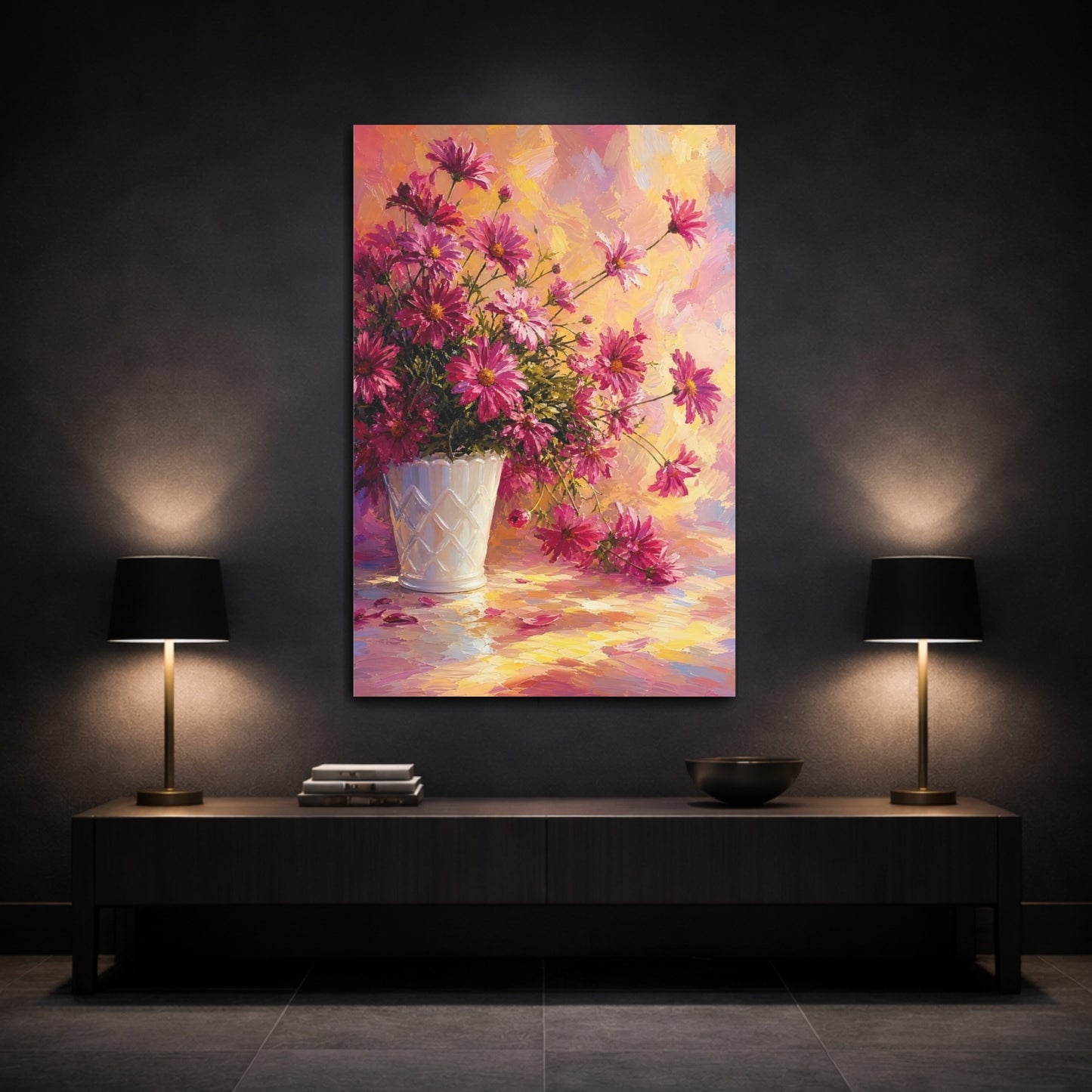 Mockup 3. Floral Chrysanthemums Pink And Yellow Floral shown as stretched canvas wall art