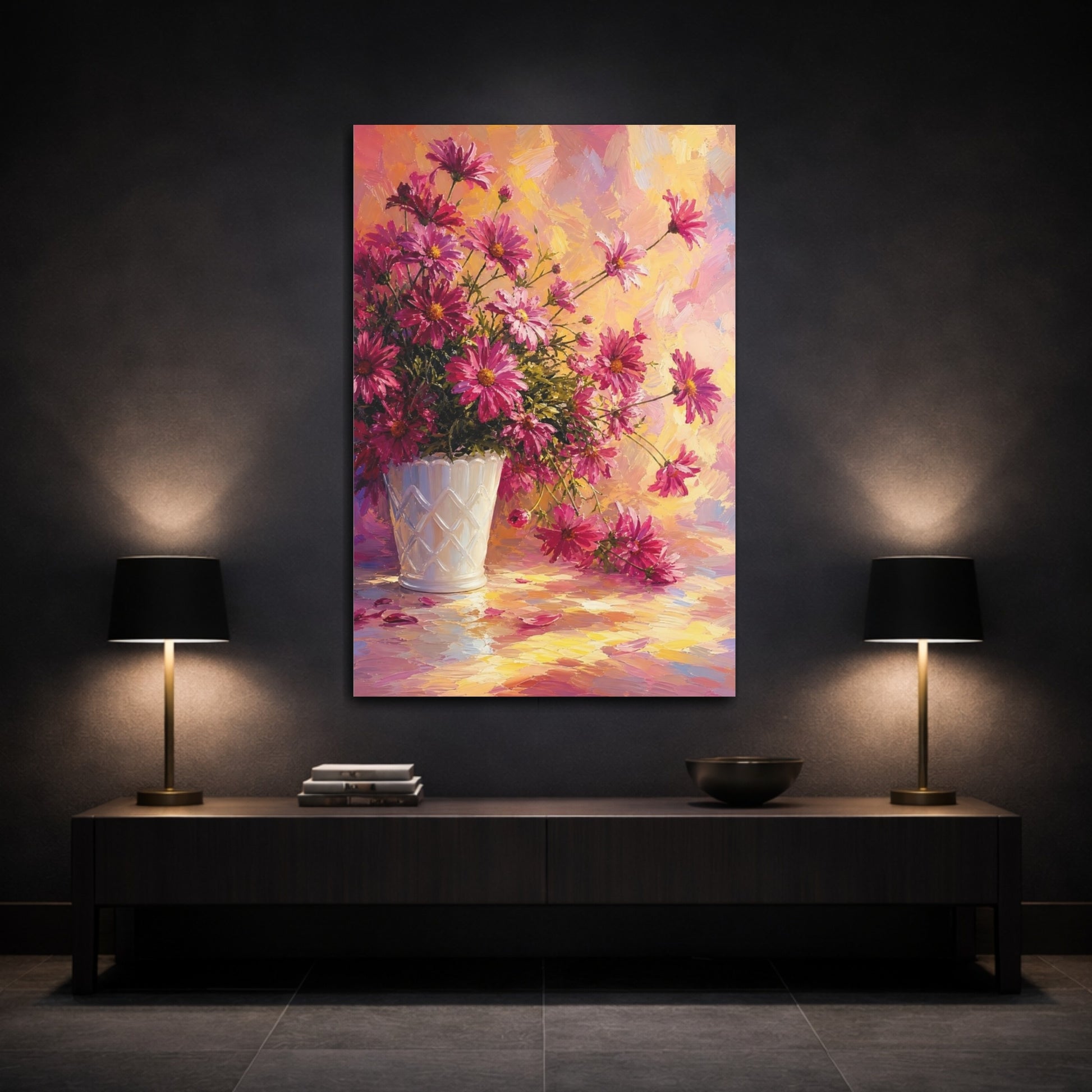Mockup 3. Floral Chrysanthemums Pink And Yellow Floral shown as stretched canvas wall art