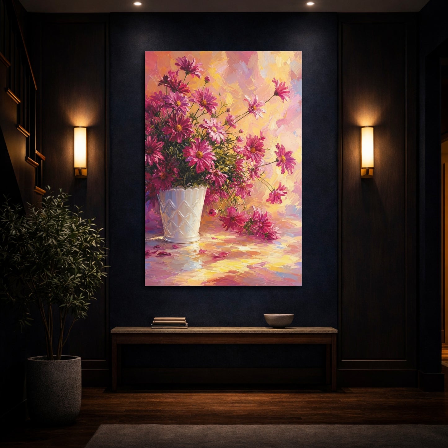 Mockup 4. Floral Chrysanthemums Pink And Yellow Floral shown as stretched canvas wall art