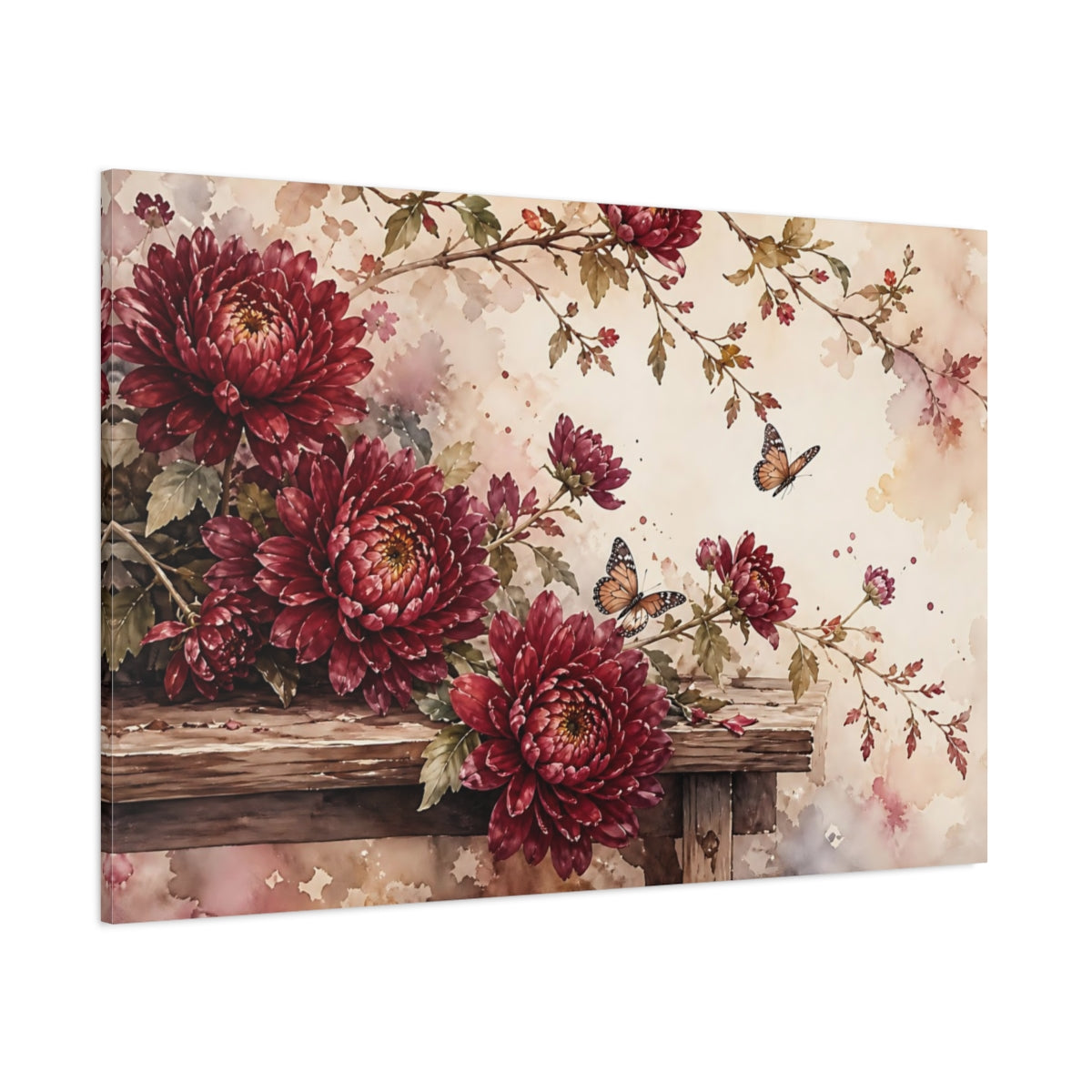 Side Mockup 1. Floral Chrysanthemums Red Floral shown as stretched canvas wall art