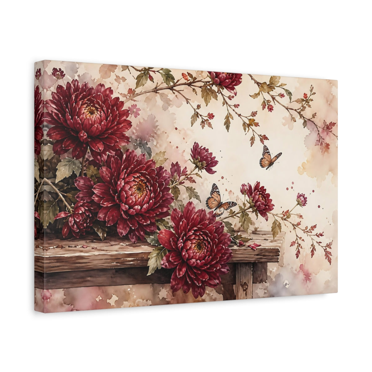 Side Mockup 4. Floral Chrysanthemums Red Floral shown as stretched canvas wall art