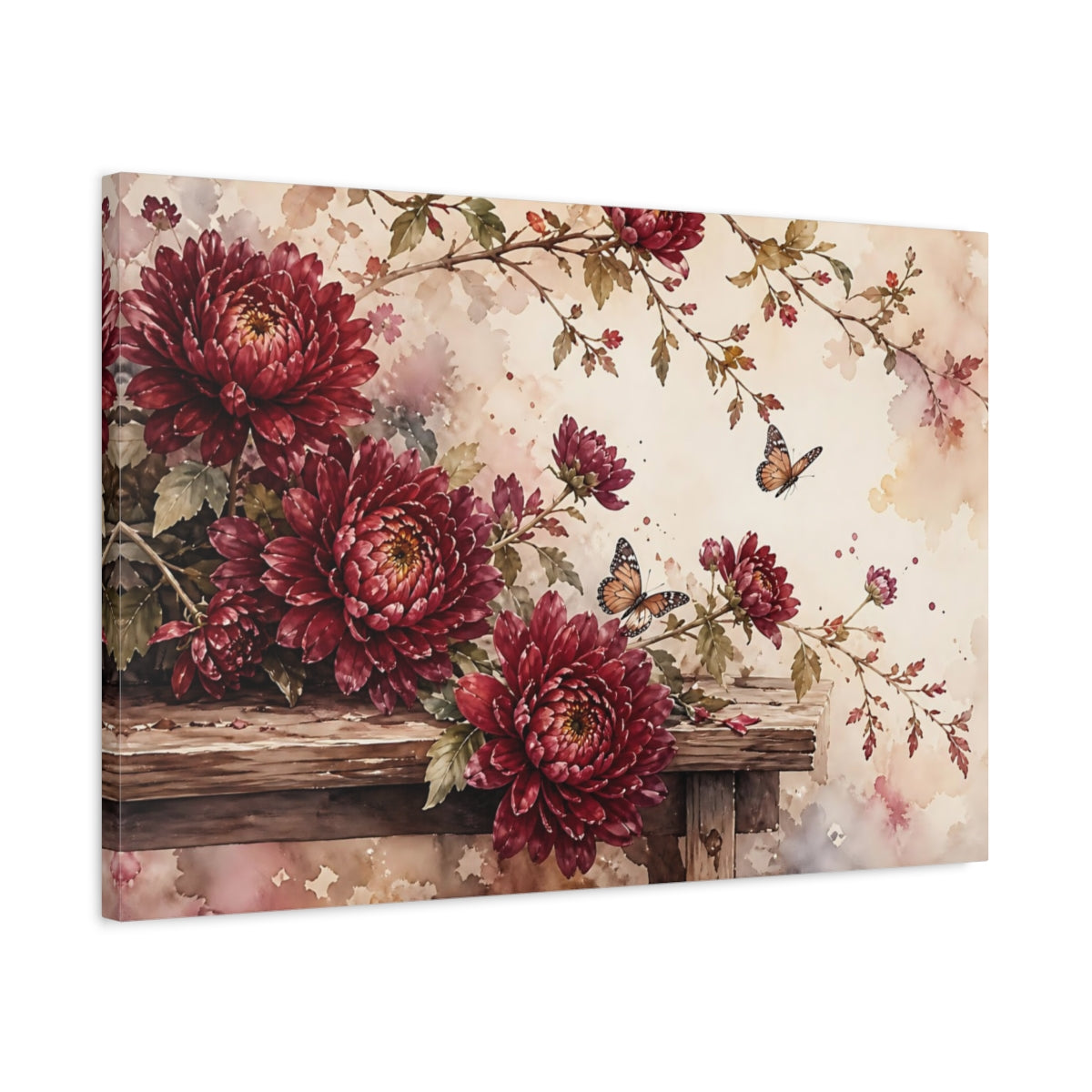 Side Mockup 2. Floral Chrysanthemums Red Floral shown as stretched canvas wall art