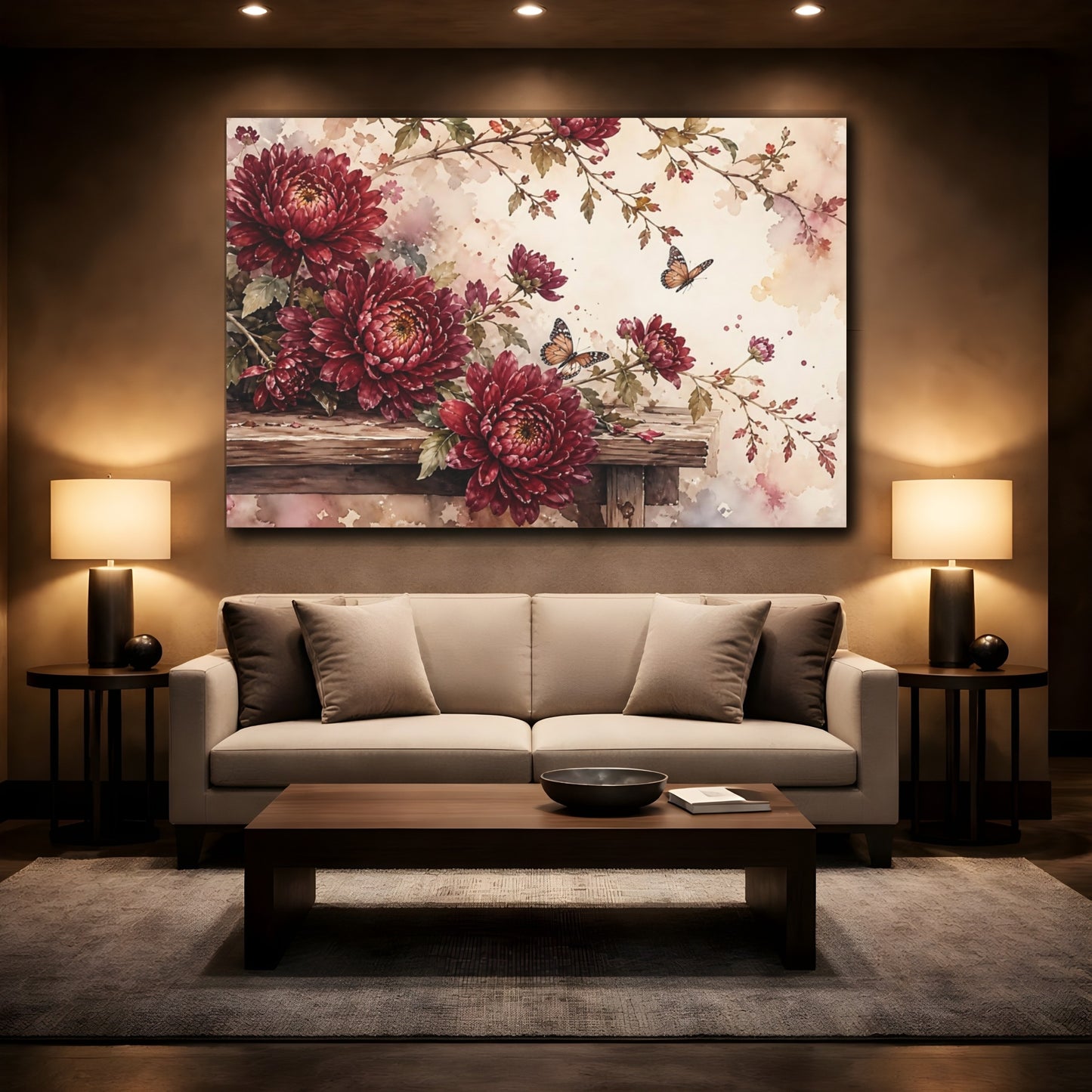 Mockup 2. Floral Chrysanthemums Red Floral shown as stretched canvas wall art