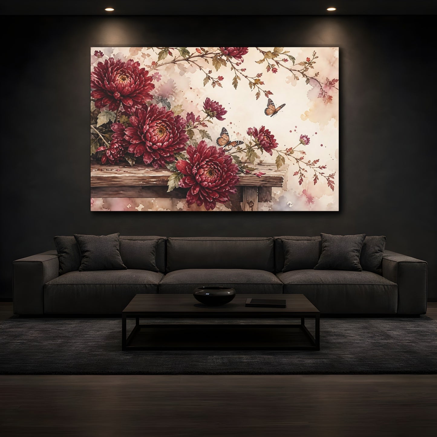 Mockup 3. Floral Chrysanthemums Red Floral shown as stretched canvas wall art