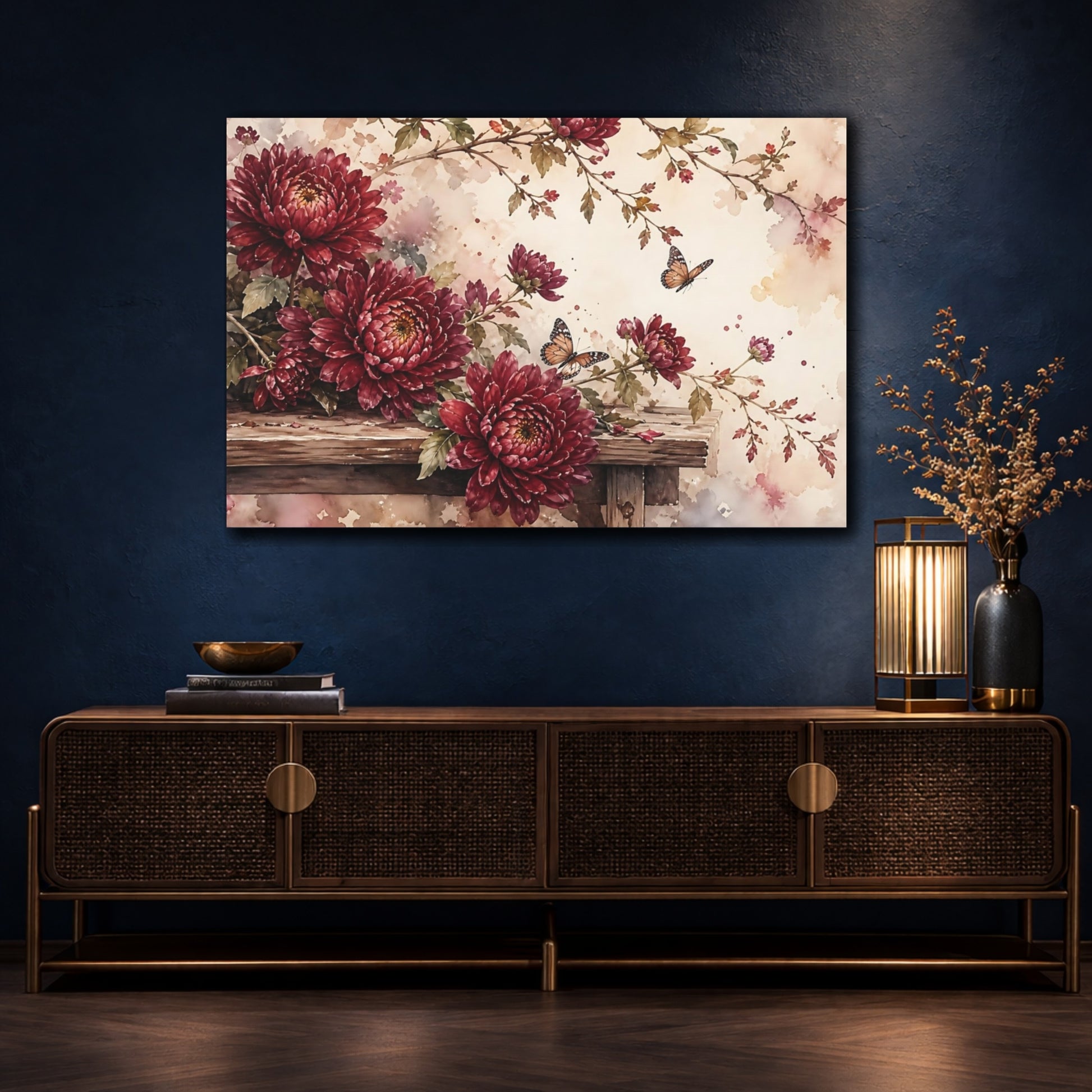 Mockup 4. Floral Chrysanthemums Red Floral shown as stretched canvas wall art