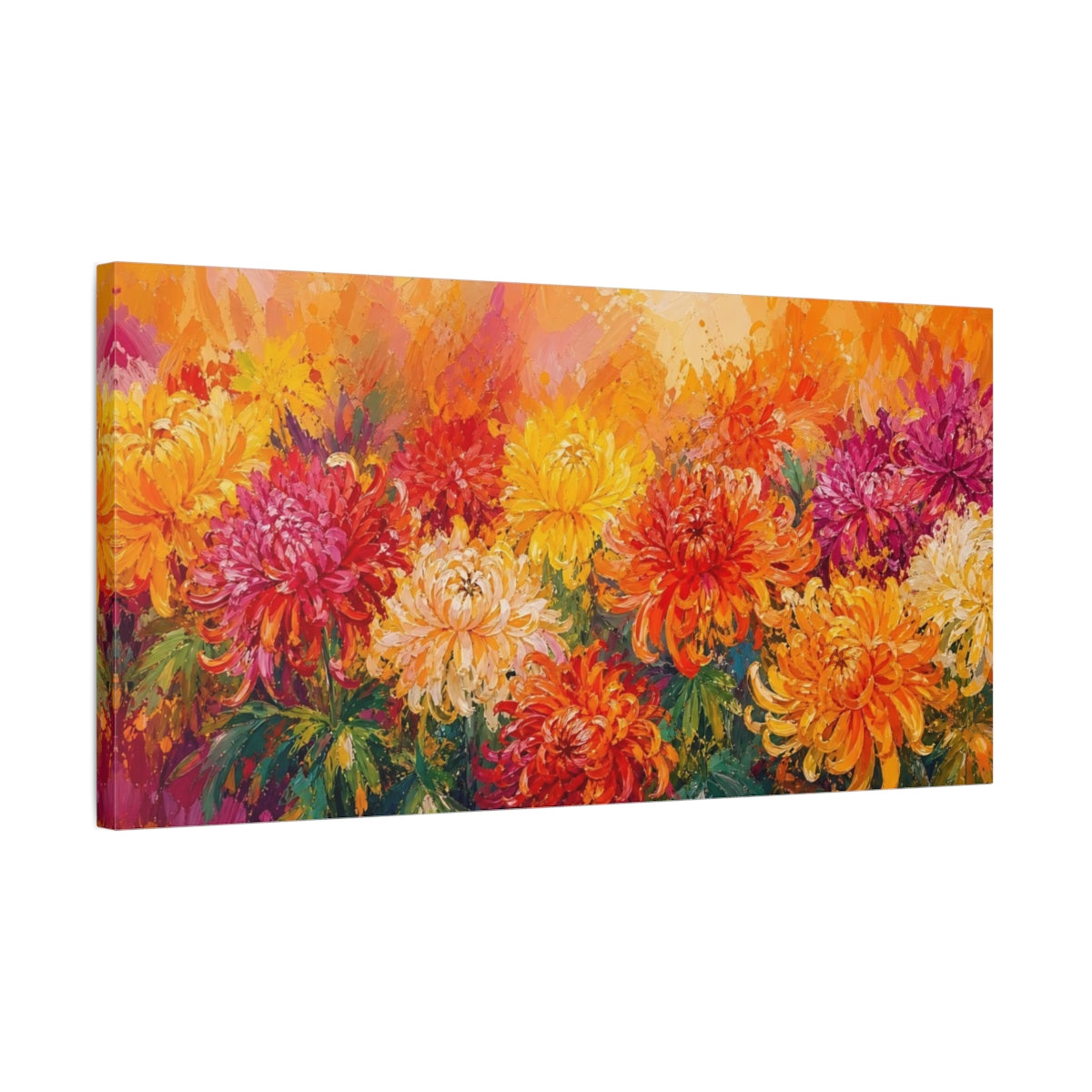 Side Mockup 1. Floral Chrysanthemums Vibrant Floral Art shown as stretched canvas wall art