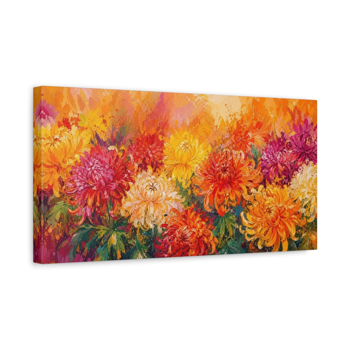 Side Mockup 3. Floral Chrysanthemums Vibrant Floral Art shown as stretched canvas wall art