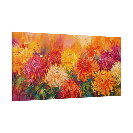 Main Mockup. Floral Chrysanthemums Vibrant Floral Art shown as stretched canvas wall art