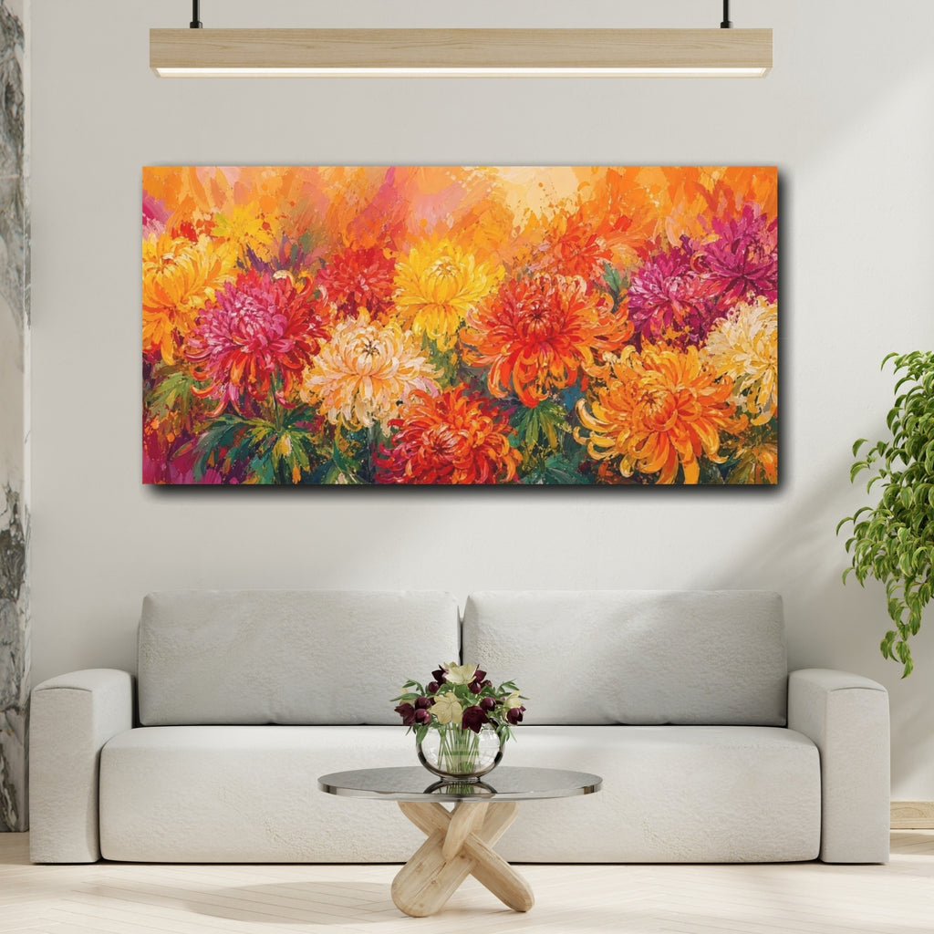 Mockup 2. Floral Chrysanthemums Vibrant Floral Art shown as stretched canvas wall art