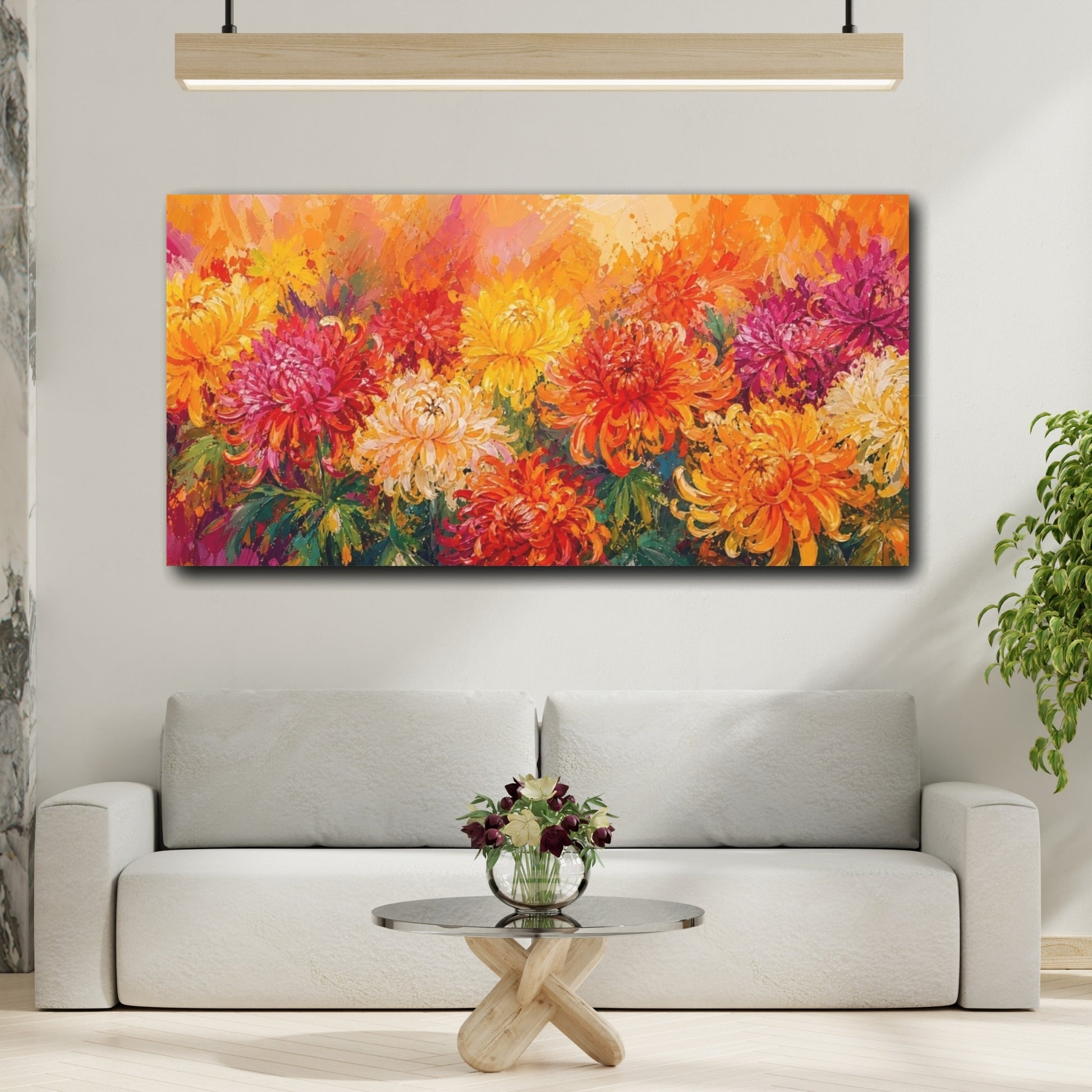 Mockup 2. Floral Chrysanthemums Vibrant Floral Art shown as stretched canvas wall art