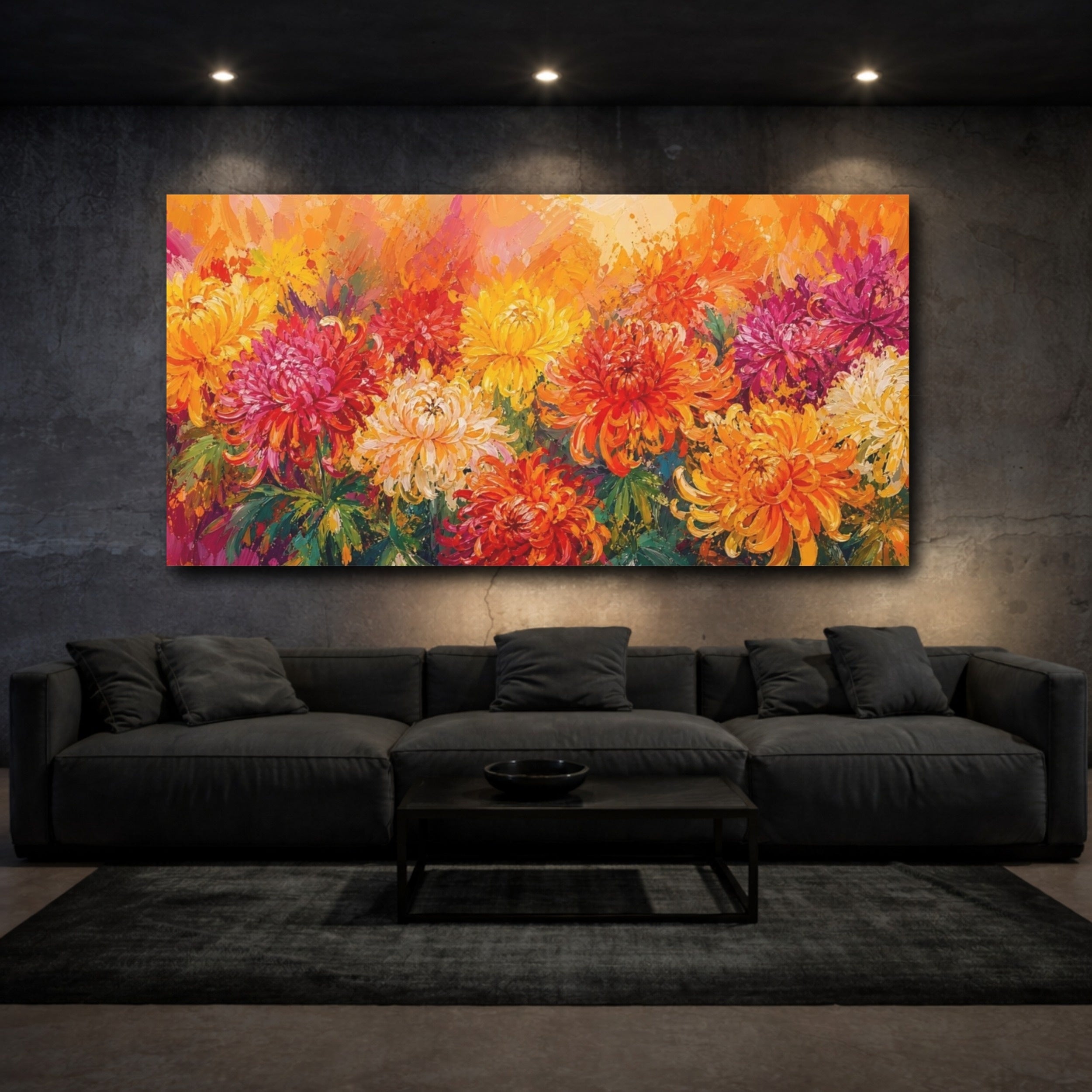 Mockup 3. Floral Chrysanthemums Vibrant Floral Art shown as stretched canvas wall art