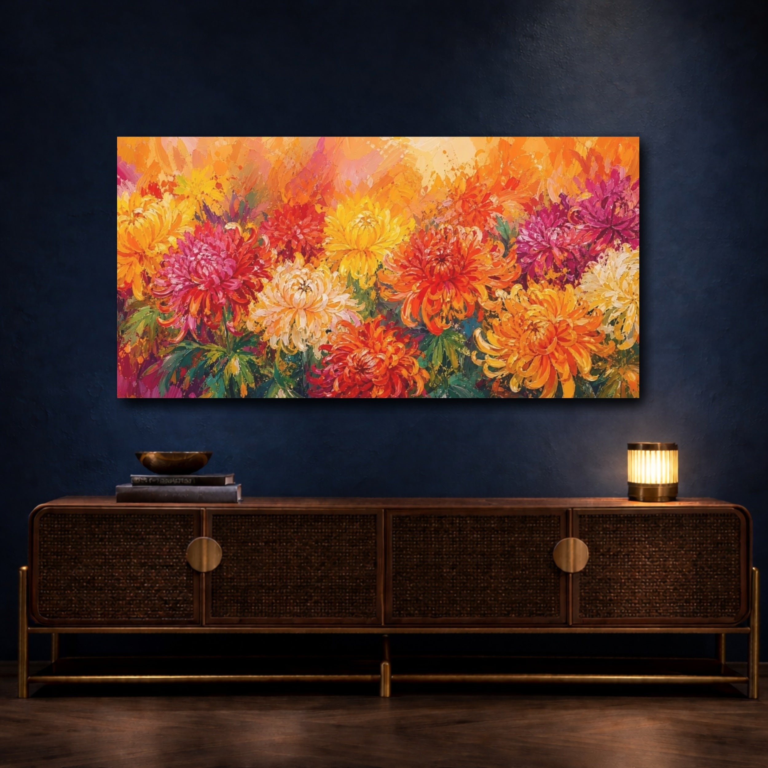 Mockup 4. Floral Chrysanthemums Vibrant Floral Art shown as stretched canvas wall art