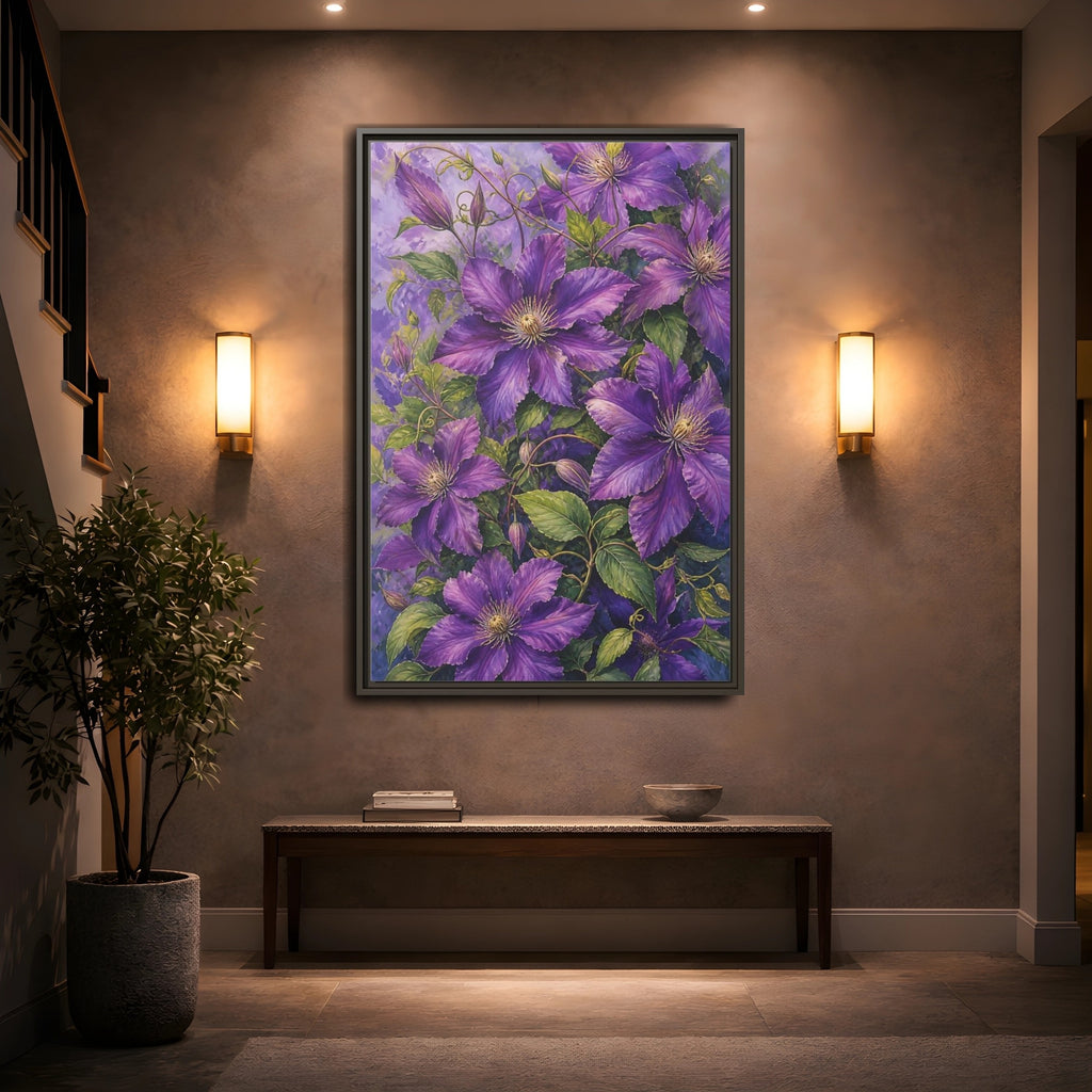 Mockup 2. Floral Clematis Flowers Purple Clematis shown as stretched canvas wall art