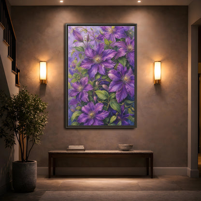 Mockup 2. Floral Clematis Flowers Purple Clematis shown as stretched canvas wall art