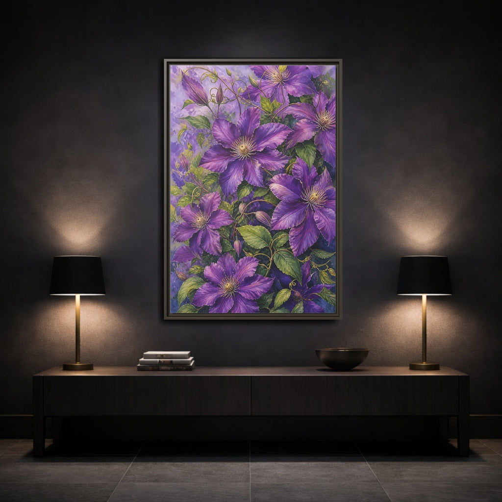 Mockup 3. Floral Clematis Flowers Purple Clematis shown as stretched canvas wall art