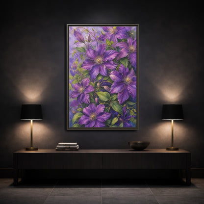 Mockup 3. Floral Clematis Flowers Purple Clematis shown as stretched canvas wall art