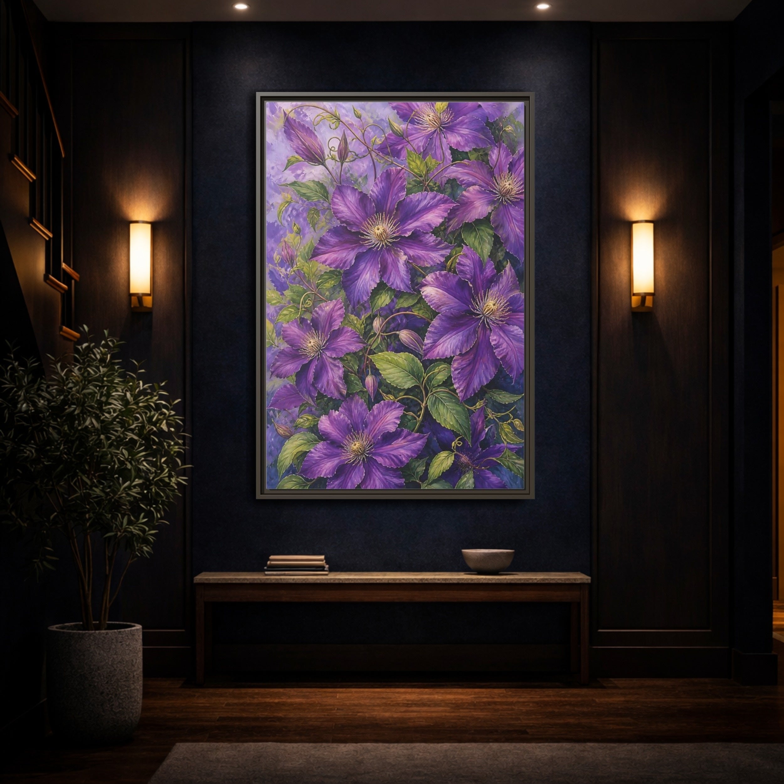 Mockup 4. Floral Clematis Flowers Purple Clematis shown as stretched canvas wall art