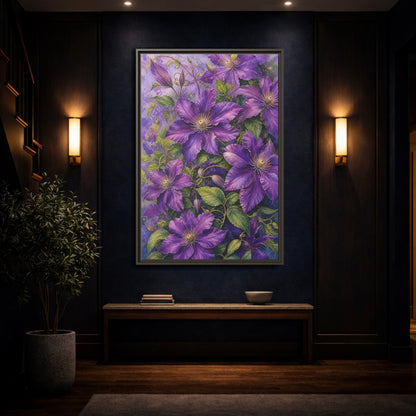 Mockup 4. Floral Clematis Flowers Purple Clematis shown as stretched canvas wall art