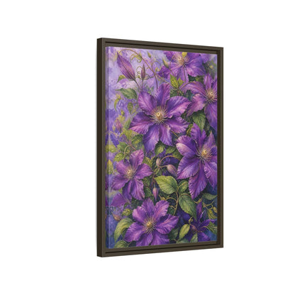 Side Mockup 2. Floral Clematis Flowers Purple Clematis shown as stretched canvas wall art
