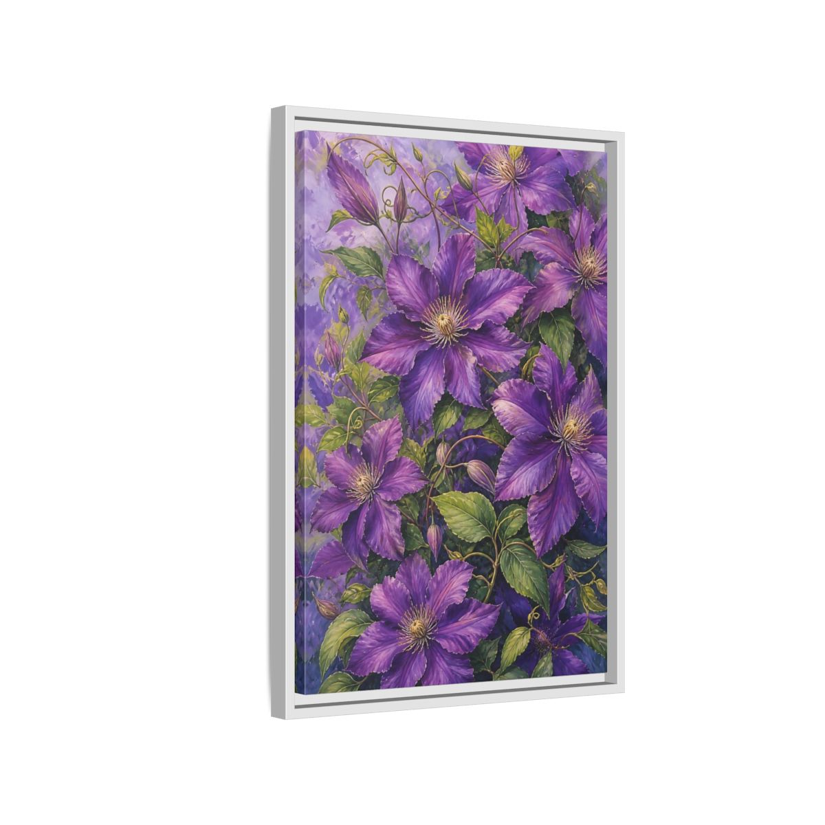 Side Mockup 1. Floral Clematis Flowers Purple Clematis shown as stretched canvas wall art