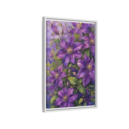 Side Mockup 1. Floral Clematis Flowers Purple Clematis shown as stretched canvas wall art