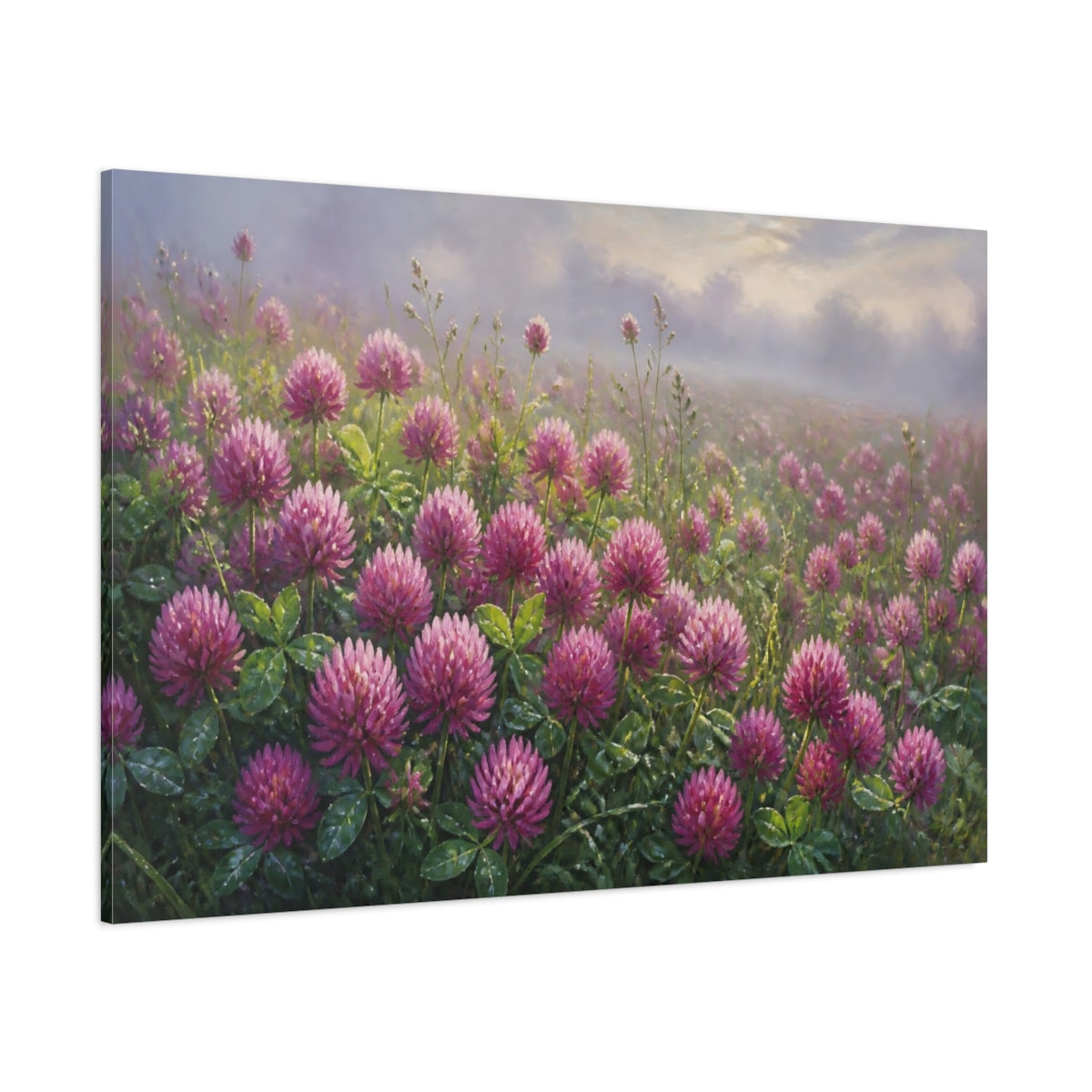 Side Mockup 1. Floral Clover Field Purple Clover Field shown as stretched canvas wall art