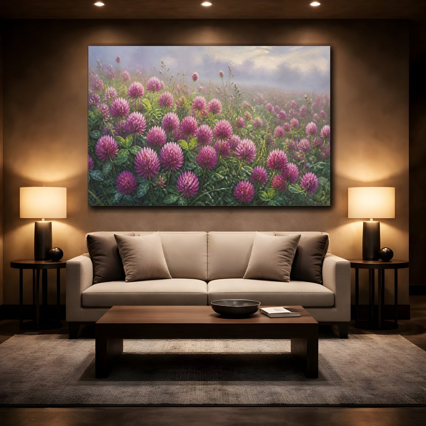 Mockup 2. Floral Clover Field Purple Clover Field shown as stretched canvas wall art