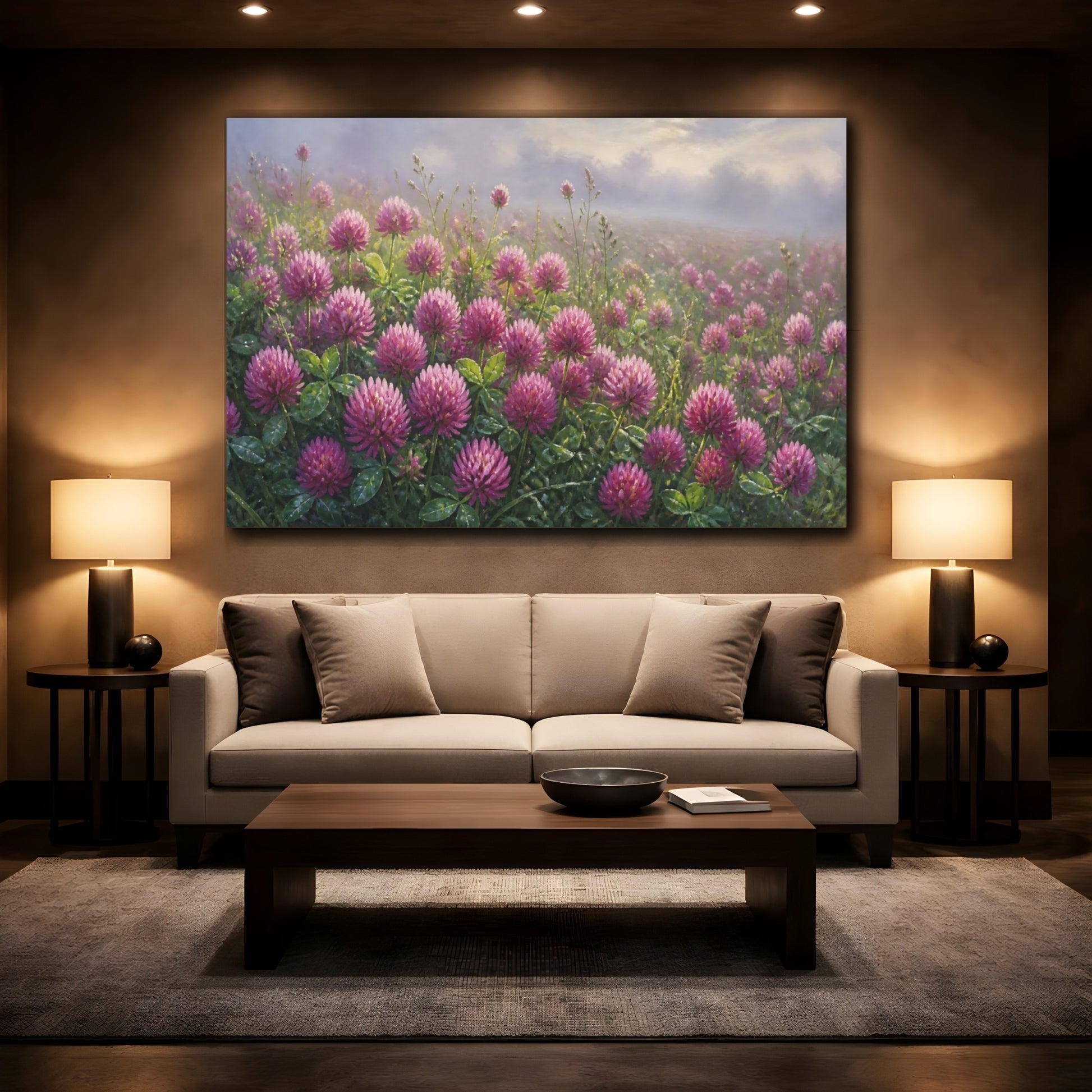 Mockup 2. Floral Clover Field Purple Clover Field shown as stretched canvas wall art